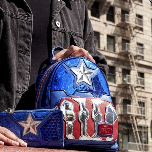 NEW Loungefly Marvel Metallic Captain America Cosplay Mini Backpack - Picture 2 of 11